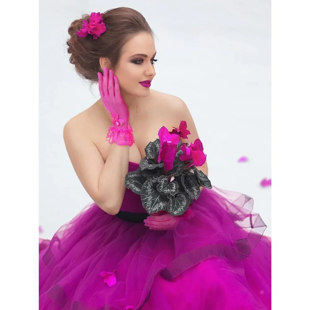 Women's Elegant Rose Red Short Bow Style Lace Gloves Dinner Wedding Party Prom